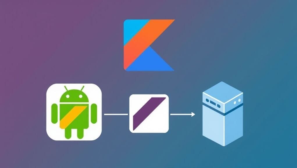A vibrant graphic showcasing the Kotlin logo alongside Android and server icons, symbolizing its dual impact.