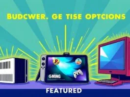 A vibrant, stylized illustration showing different gaming setups – a compact mini PC, a sleek console, a cloud gaming interface on a tablet, and a classic gaming desktop – all radiating light, signifying powerful budget options. This is the featured image.