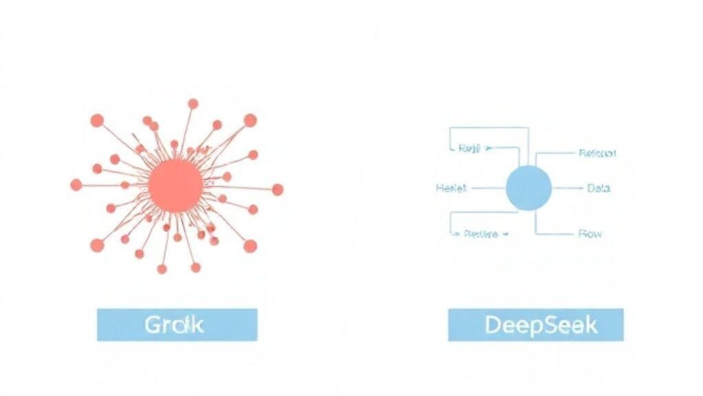 A visual comparison of two abstract AI models, one representing Grok's real-time data flow and the other DeepSeek's structured reasoning.