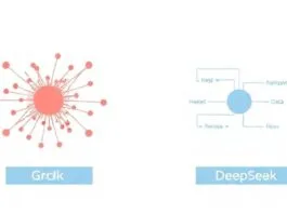 A visual comparison of two abstract AI models, one representing Grok's real-time data flow and the other DeepSeek's structured reasoning.