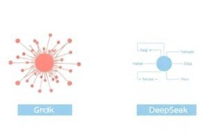 Grok vs DeepSeek: A Comprehensive AI Model Comparison Guide A visual comparison of two abstract AI models, one representing Grok's real-time data flow and the other DeepSeek's structured reasoning.