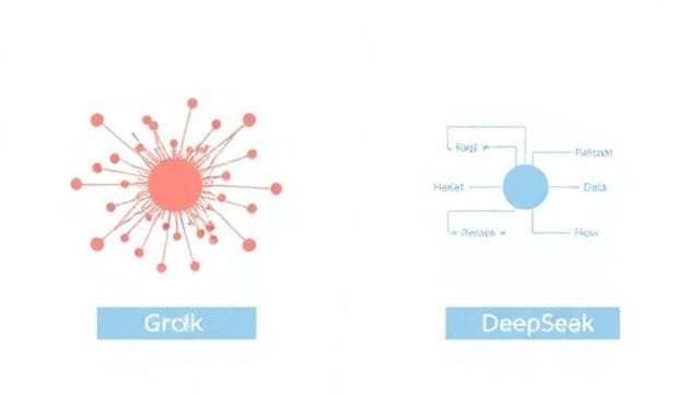 Grok vs DeepSeek: A Comprehensive AI Model Comparison Guide A visual comparison of two abstract AI models, one representing Grok's real-time data flow and the other DeepSeek's structured reasoning.