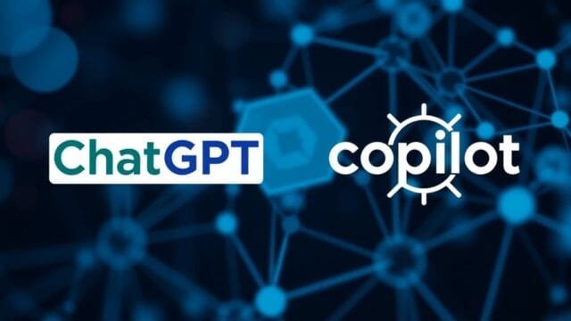 ChatGPT vs. Copilot: The Ultimate AI Assistant Showdown A visual representation of ChatGPT and Copilot logos side-by-side, with a background showing abstract AI connections.