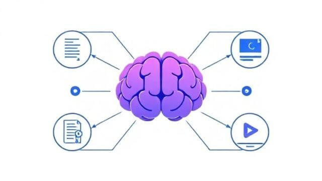 Gemini vs. Grok: A Comprehensive AI Chatbot Comparison A visual representation of Gemini's multimodal capabilities, showing text, code, images, and video icons converging into a central AI brain.