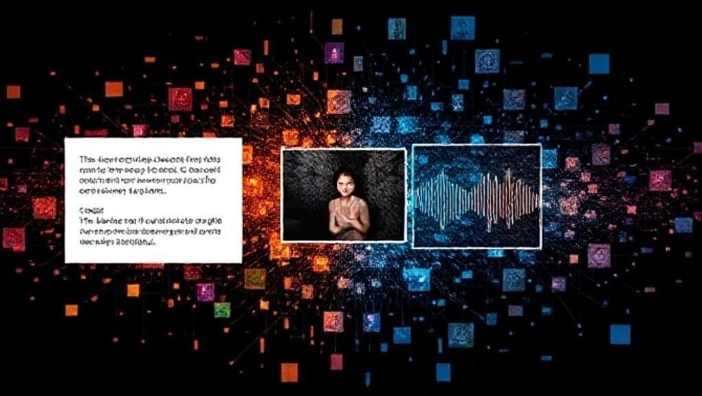 A visual representation of Google Gemini's multimodal capabilities, showing text, image, and audio inputs converging.