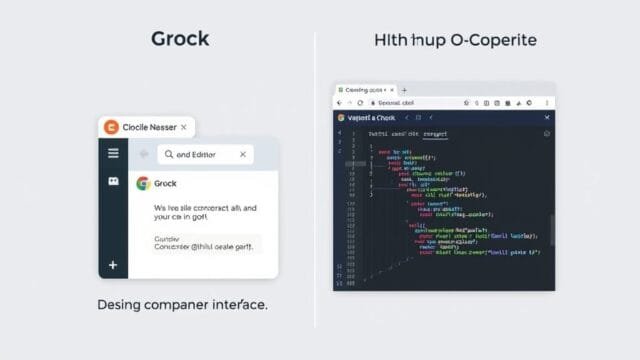 Grok vs Copilot: Choosing the Right AI Assistant for Your Needs A visual representation showing Grok's conversational interface on one side and GitHub Copilot's code editor interface on the other, with a clear distinction in design.