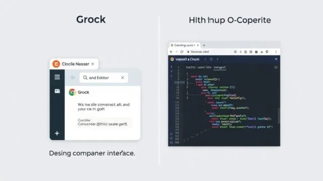 A visual representation showing Grok's conversational interface on one side and GitHub Copilot's code editor interface on the other, with a clear distinction in design.