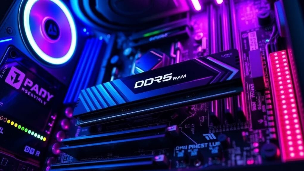 A visually striking, modern PC motherboard with DDR5 RAM installed, emphasizing RGB lighting and sleek design, representing the cutting edge of PC hardware.