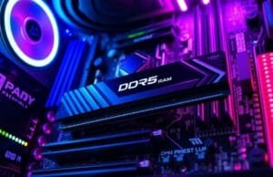 DDR5 Worth It: Unlocking Value in 2024-2025 PC Builds A visually striking, modern PC motherboard with DDR5 RAM installed, emphasizing RGB lighting and sleek design, representing the cutting edge of PC hardware.
