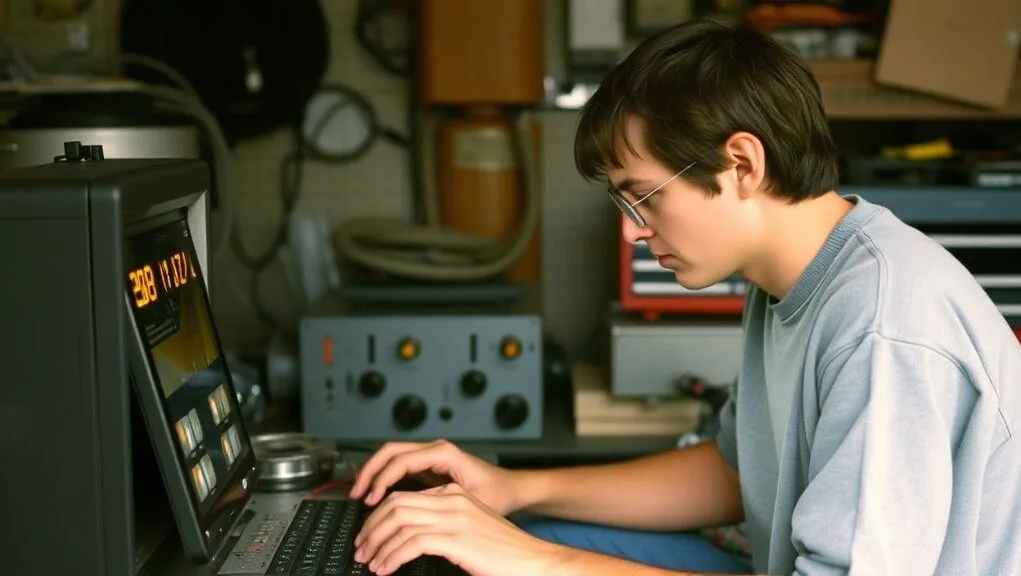 A young Steve Jobs focused on electronics in a garage, a scene from the early history of Steve Jobs.