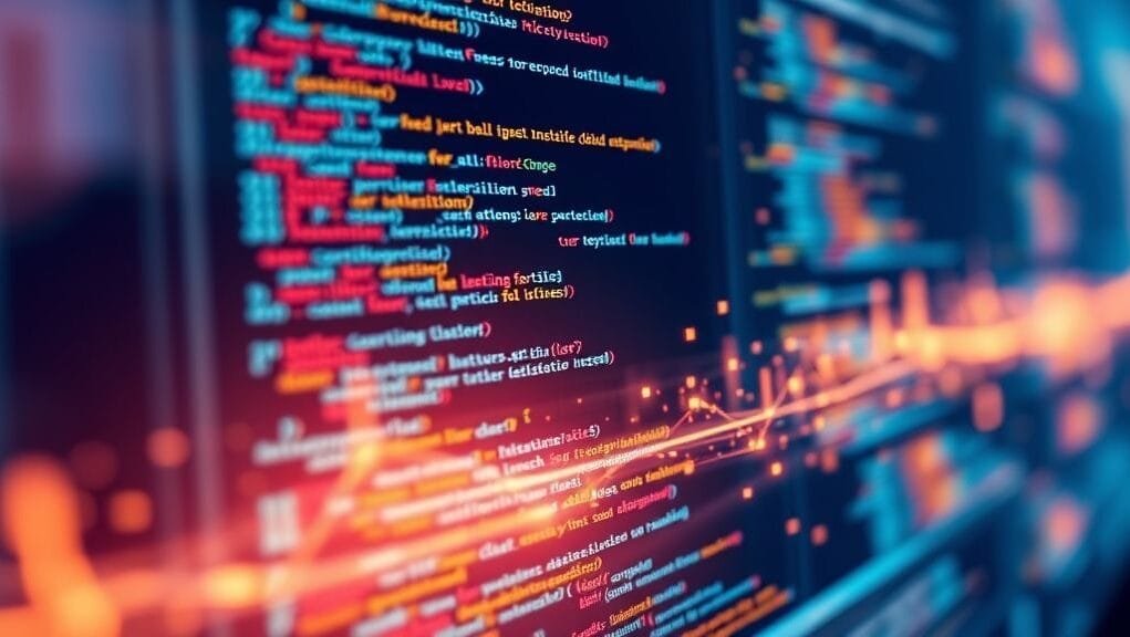 Abstract illustration depicting Web and Mobile Development Trends through AI code suggestions in a glowing web development environment.