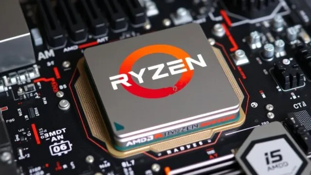 AMD Ryzen 9000 Series CPU on an AM5 motherboard, showcasing the processor's design AMD Ryzen 9000 Series CPU on an AM5 motherboard, showcasing the processor's design