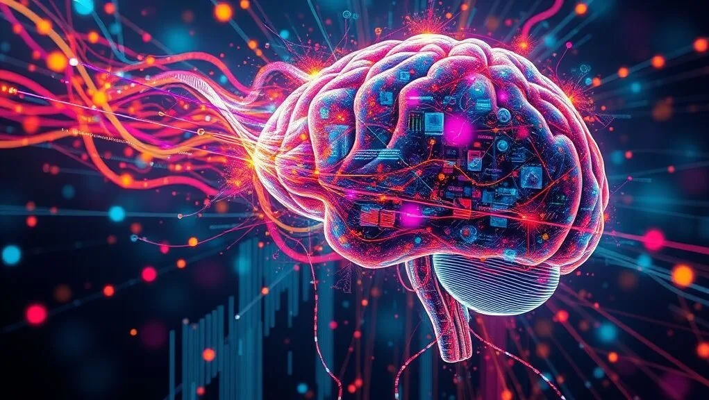 An abstract, futuristic digital painting depicting data flowing into a brain, transforming into vibrant, imaginative images, symbolizing AI image generation.