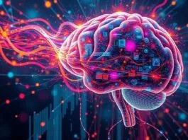 An abstract, futuristic digital painting depicting data flowing into a brain, transforming into vibrant, imaginative images, symbolizing AI image generation.