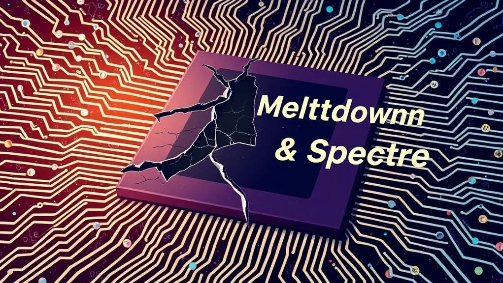 An abstract illustration depicting a CPU chip with intricate pathways and data flowing rapidly. A subtle "cracked" effect is visible on part of the chip, with "Meltdown & Spectre" text suggesting hidden vulnerabilities within the performance-optimizing pathways.