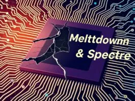 An abstract illustration depicting a CPU chip with intricate pathways and data flowing rapidly. A subtle "cracked" effect is visible on part of the chip, with "Meltdown & Spectre" text suggesting hidden vulnerabilities within the performance-optimizing pathways.