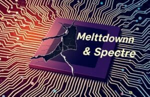 Meltdown & Spectre Vulnerabilities: Your CPU’s Hidden Threat An abstract illustration depicting a CPU chip with intricate pathways and data flowing rapidly. A subtle "cracked" effect is visible on part of the chip, with "Meltdown & Spectre" text suggesting hidden vulnerabilities within the performance-optimizing pathways.