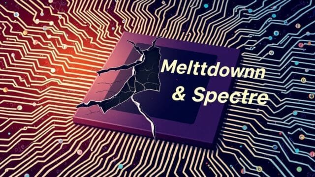 Meltdown & Spectre Vulnerabilities: Your CPU’s Hidden Threat An abstract illustration depicting a CPU chip with intricate pathways and data flowing rapidly. A subtle "cracked" effect is visible on part of the chip, with "Meltdown & Spectre" text suggesting hidden vulnerabilities within the performance-optimizing pathways.
