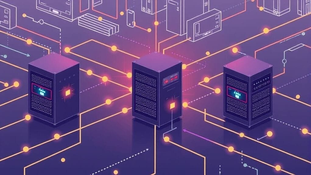 An abstract illustration depicting multiple interconnected computer servers with network communication, forming a cohesive distributed system design.