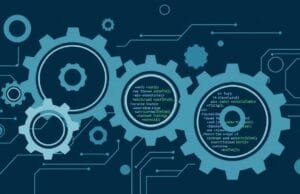 Ruby on Rails: Build Powerful Web Apps, Effortlessly An abstract illustration showing interlocking gears and code snippets, representing a streamlined web development framework.