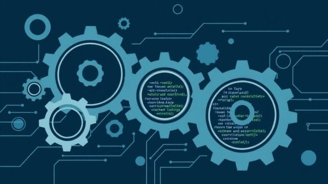 Ruby on Rails: Build Powerful Web Apps, Effortlessly An abstract illustration showing interlocking gears and code snippets, representing a streamlined web development framework.