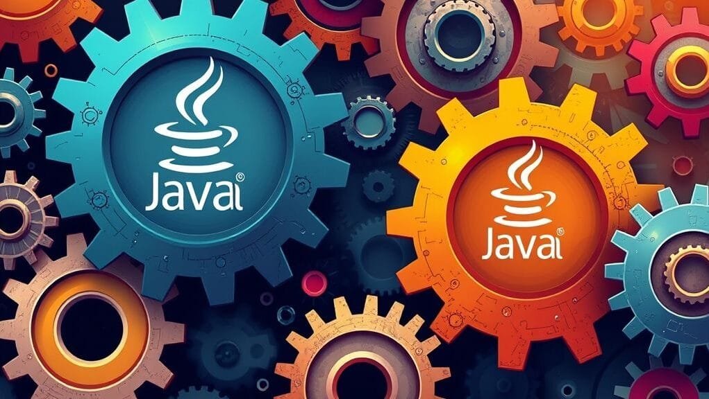 An abstract illustration showing interlocking gears representing complex enterprise systems, with Java logos subtly integrated into the machinery.
