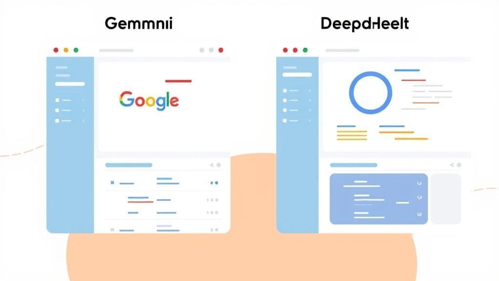 An abstract illustration showing two distinct AI neural network interfaces, one with Google's colorful branding and the other with a more minimalist, efficient design, representing Gemini vs DeepSeek.