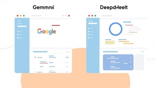 Gemini vs DeepSeek: Choosing the Best AI for Your Needs An abstract illustration showing two distinct AI neural network interfaces, one with Google's colorful branding and the other with a more minimalist, efficient design, representing Gemini vs DeepSeek.