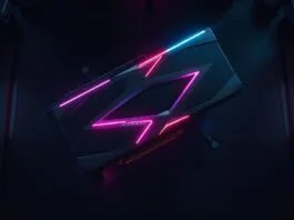 An aerial view of a sleek, futuristic graphics card, possibly an Nvidia RTX 5090, glowing with subtle RGB lighting, a strong contender for the best graphics cards 2025.