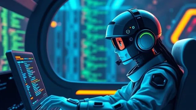 An AI-generated image depicting a stylized "Copilot" assisting a user with visual creation, combining elements of code, art, and a digital interface with a futuristic aesthetic.