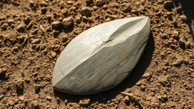 History of Technology: The Epic Story That Defined Humanity An ancient Acheulean hand axe, carefully flaked from stone, resting on a dirt surface.