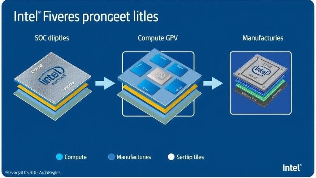 An architectural diagram illustrating Intel's Foveros 3D packaging with distinct chiplets for compute, GPU, and SoC tiles, highlighting their different manufacturing nodes.