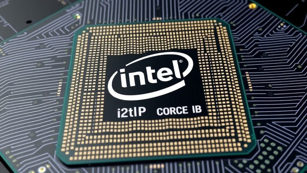 An artistic rendering of an Intel 12th Gen 'Alder Lake' CPU die, showing a clear distinction between larger P-cores and smaller E-cores