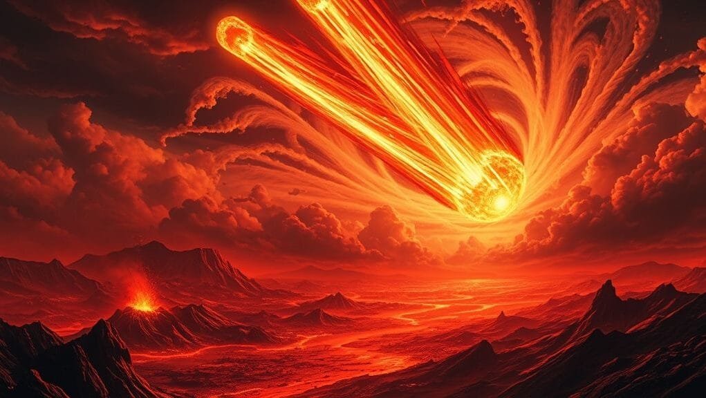 An artistic rendering showing a massive meteorite streaking through the atmosphere towards a prehistoric Earth, moments before impact, with widespread devastation