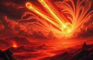 Impact Crater Life: How Craters Became Life’s Cradles An artistic rendering showing a massive meteorite streaking through the atmosphere towards a prehistoric Earth, moments before impact, with widespread devastation