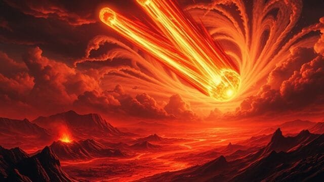 Impact Crater Life: How Craters Became Life’s Cradles An artistic rendering showing a massive meteorite streaking through the atmosphere towards a prehistoric Earth, moments before impact, with widespread devastation