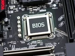 An ASRock motherboard with key components highlighted, including the BIOS chip area, illustrating the central role of BIOS
