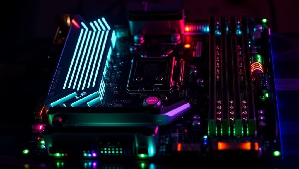 An engaging image of a high-end motherboard with glowing RGB elements, ready for assembly, showcasing its various ports and slots An engaging image of a high-end motherboard with glowing RGB elements, ready for assembly, showcasing its various ports and slots