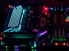 An engaging image of a high-end motherboard with glowing RGB elements, ready for assembly, showcasing its various ports and slots