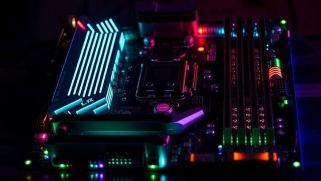 Motherboard Buying Guide: Don’t Buy Until You See This! An engaging image of a high-end motherboard with glowing RGB elements, ready for assembly, showcasing its various ports and slots