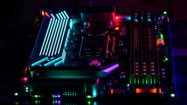 An engaging image of a high-end motherboard with glowing RGB elements, ready for assembly, showcasing its various ports and slots An engaging image of a high-end motherboard with glowing RGB elements, ready for assembly, showcasing its various ports and slots