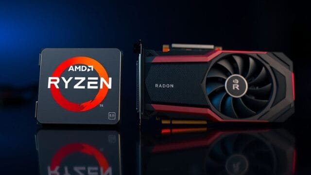 AMD Latest Series: Zen 5 & RDNA 4 Redefine Your PC An eye-level shot of a modern AMD Ryzen CPU and a Radeon RX GPU side-by-side on a dark, reflective surface, with subtle blue and red lighting.