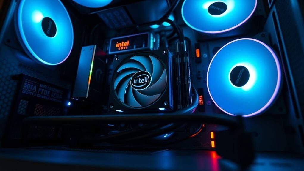 An eye-level shot of a sleek, modern PC build showcasing an Intel Core CPU cooler and an Intel Arc discrete GPU, illuminated by subtle RGB lighting. This serves as the featured image for an all-Intel PC.