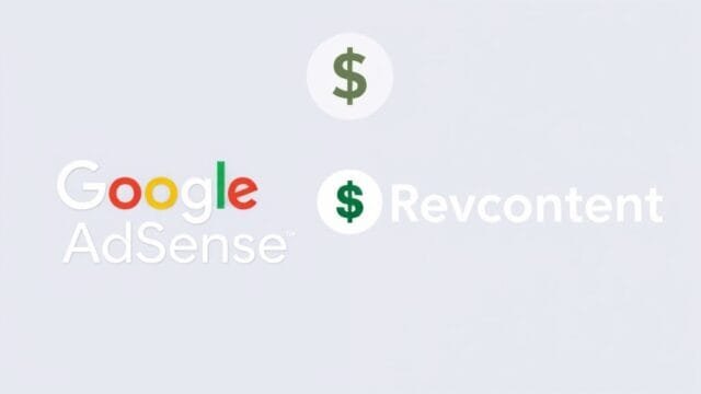 AdSense vs Revcontent: Maximizing Your Website’s Earning Potential An illustration comparing the Google AdSense and Revcontent logos side-by-side, with a dollar sign icon.