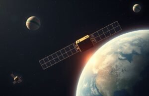 History of Satellites: How They Reshaped Our World An illustration depicting the concept of an early artificial satellite orbiting Earth, showcasing humanity's aspirations for space.