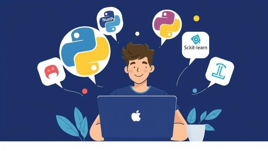 An illustration of a developer happily coding on a laptop surrounded by floating icons representing various Python libraries like NumPy, Pandas, and Scikit-learn.