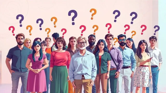 An illustration of a group of people with question marks above their heads, symbolizing confusion and uncertainty.