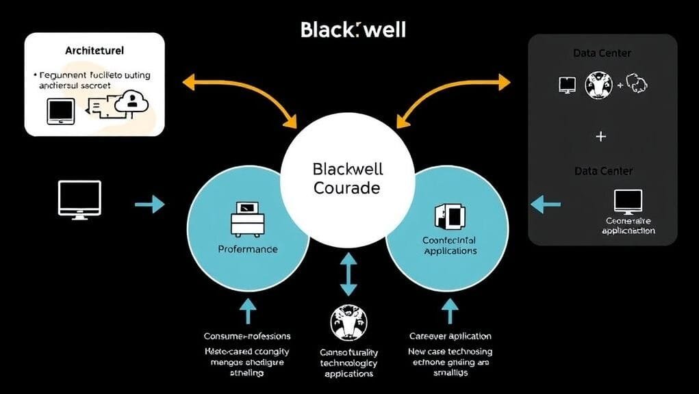 An illustrative infographic showing the Blackwell architecture’s core components and how they link to consumer, professional, and data center applications, with arrows indicating shared technological foundations.