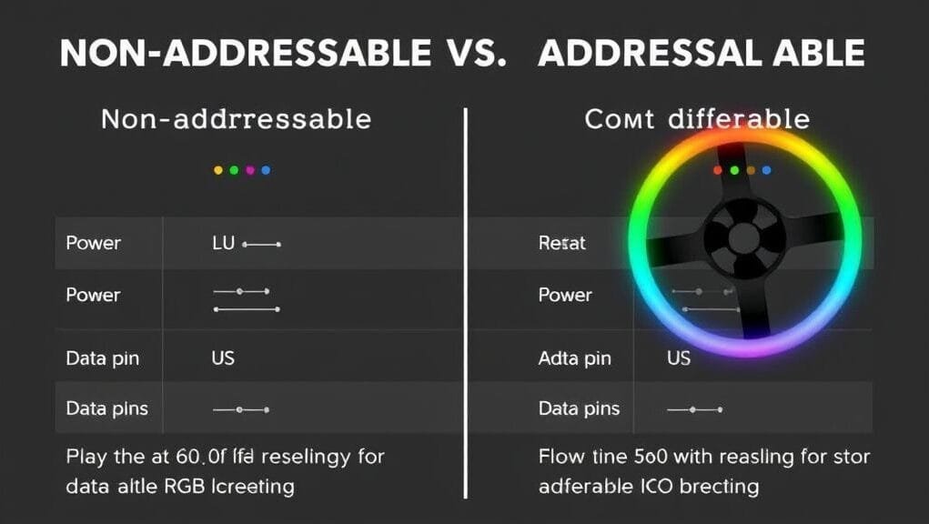 An infographic comparing non-addressable and addressable RGB LED strips, highlighting power, data pins, and control differences.