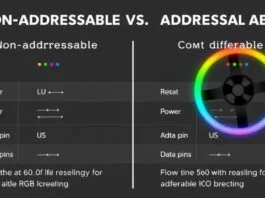An infographic comparing non-addressable and addressable RGB LED strips, highlighting power, data pins, and control differences.